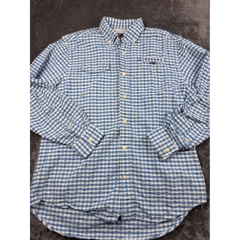 Vineyard Vines Harbor Shirt Mens Medium Blue‎ Gingham Check Vented Fishing Shirt